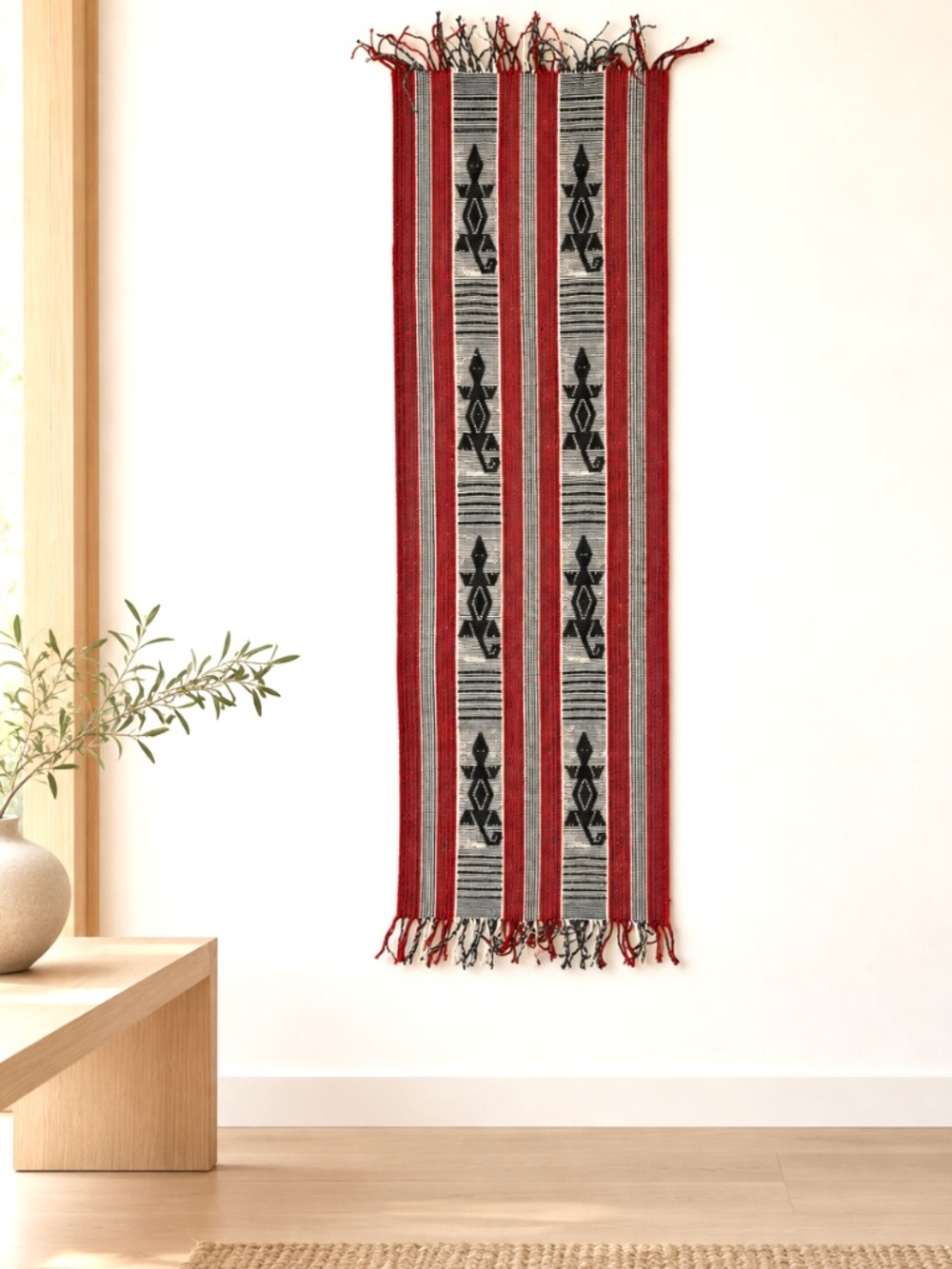 handmade wall hanging geometric lizard gecko black red white cotton fine weave